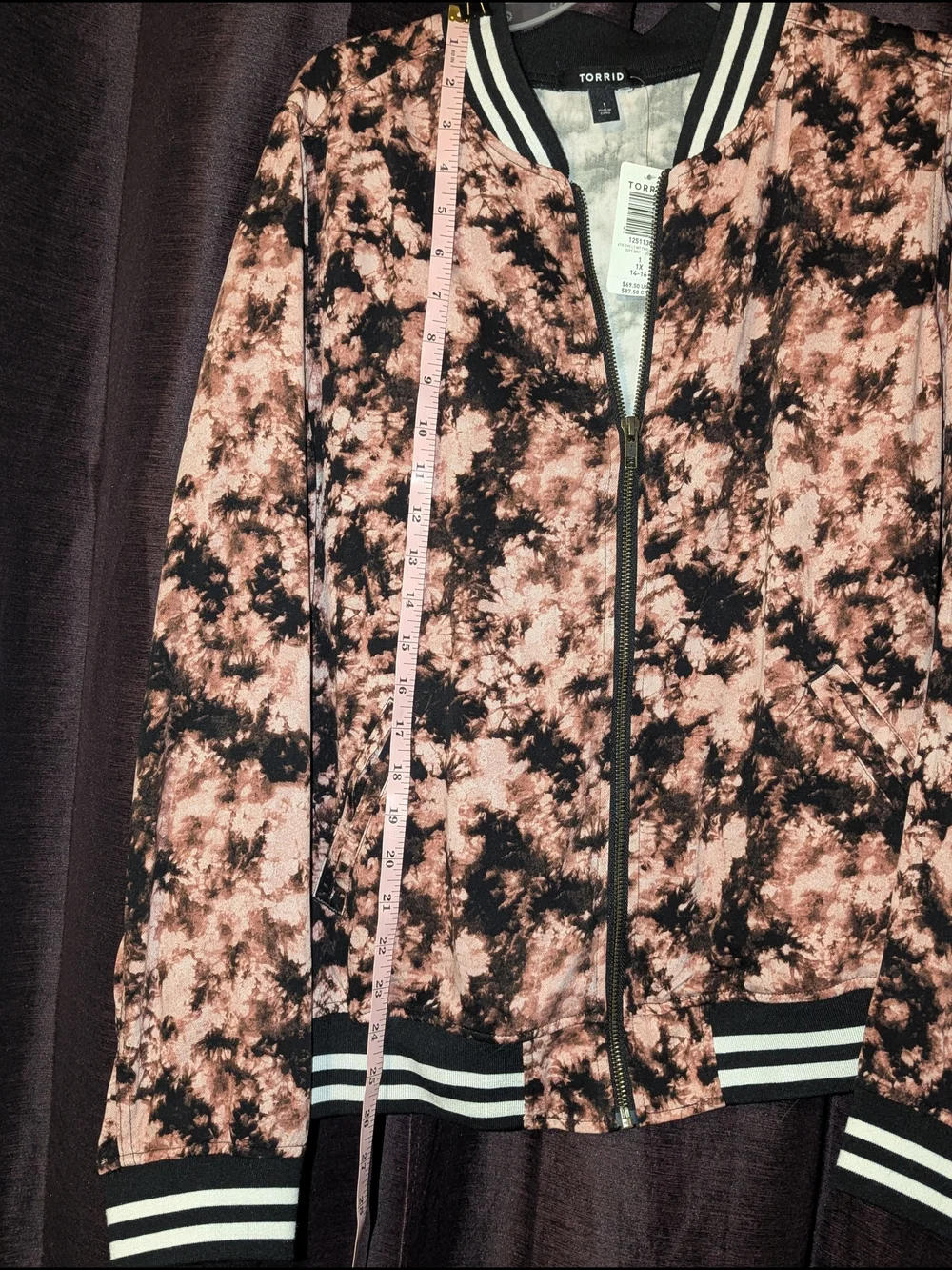 TORRID Pink & Black Tie-Dye Bomber Jacket with Stripe Trim 1X (14-16) NWT